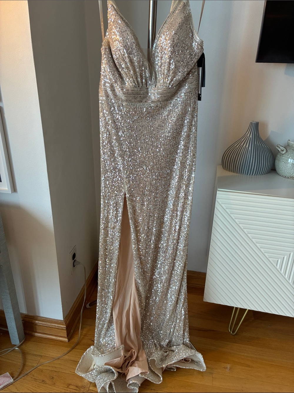 Silver Sequin Plunge V-Neck Evening Dress - Cinderella Divine